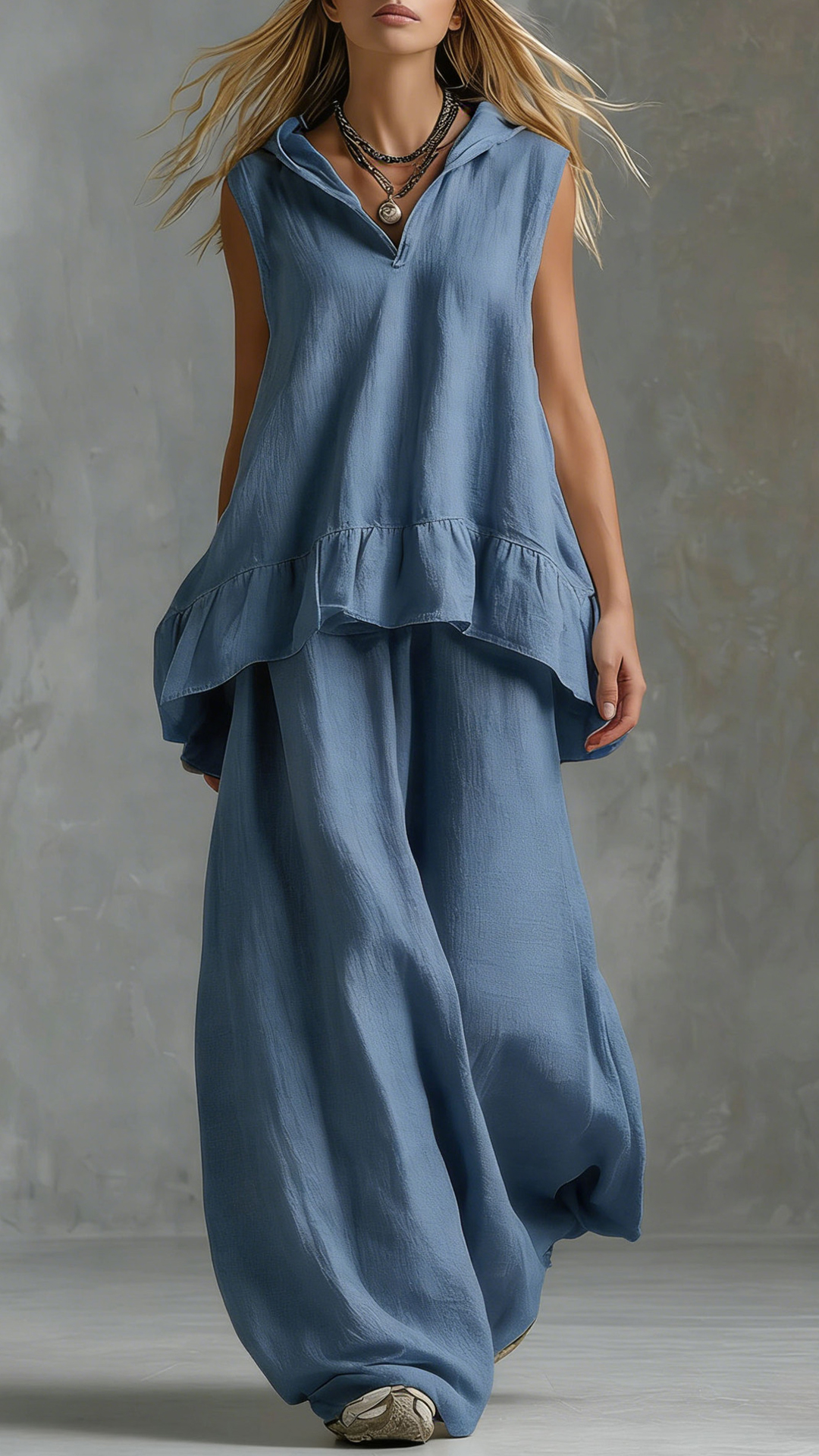 Women's Cotton-Blend Light Blue Ruffled Sleeveless Loose Set - Nordfashionstorm - Women's Clothing, Fashion for You - Nordfashionstorm.com