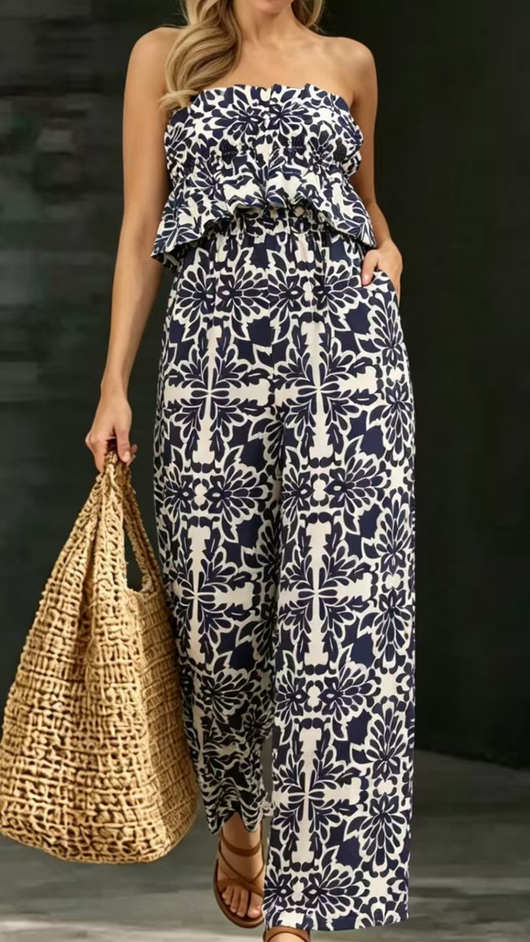 Women's Cotton‑blend Navy‑blue Floral‑print Strapless Ruffled Wide‑leg Jumpsuit - Nordfashionstorm - Women's Clothing, Fashion for You - Nordfashionstorm.com