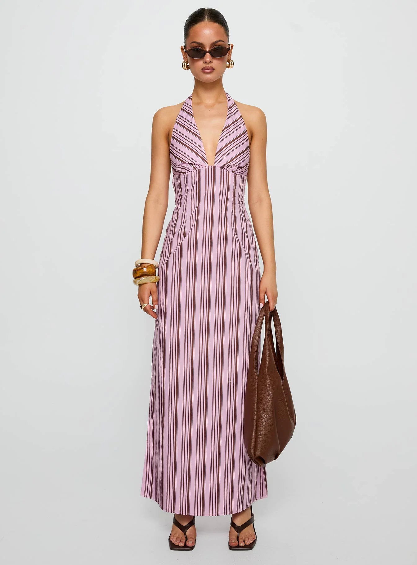 Avrie Halter Maxi Dress Pink / Brown Stripe