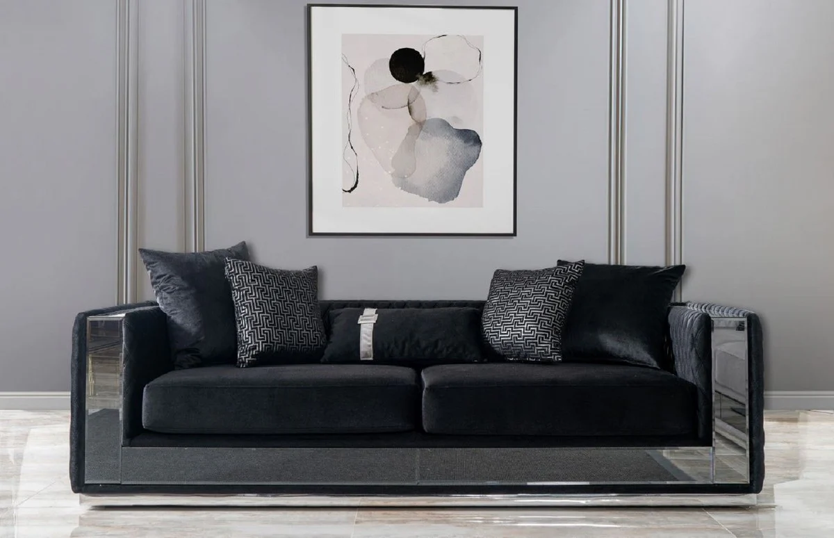 Luxury 3-seater sofa black / silver 220 x 90 x H. 70 cm - Mirrored living room sofa - Hotel sofa - Living room furniture - Hotel furniture - Luxury furniture