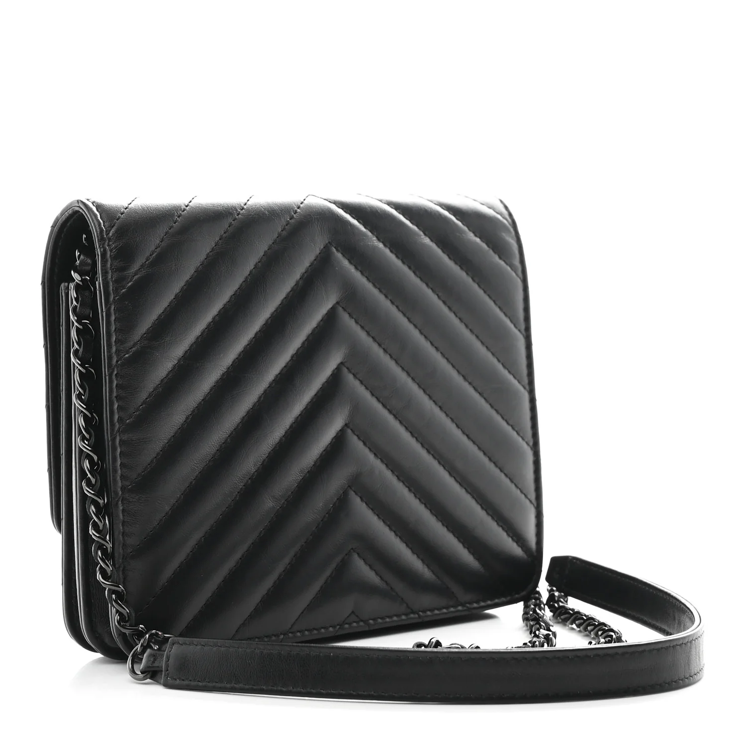 Aged Calfskin Chevron Quilted Reissue 2.55 Square Wallet On Chain WOC So Black