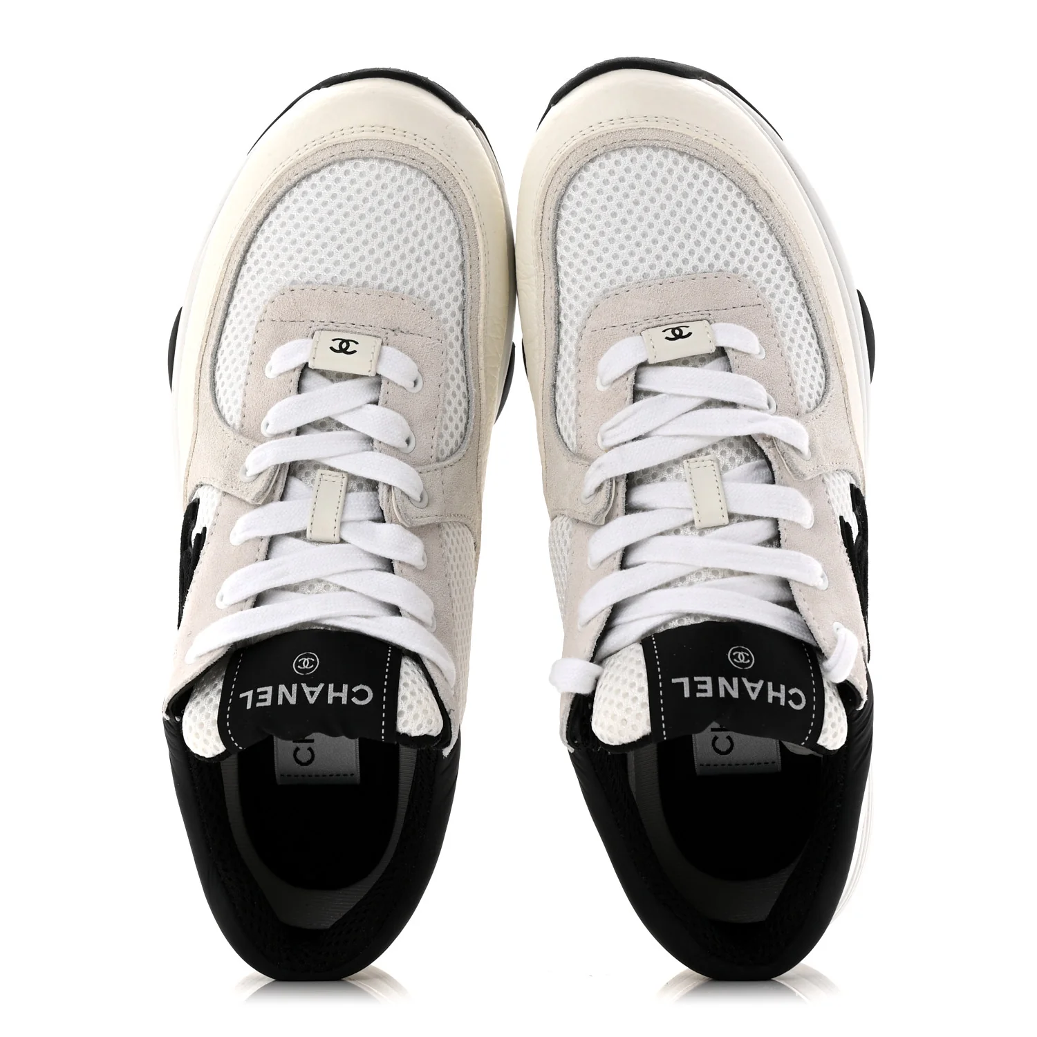 Mesh Suede Calfskin Grained Calfskin Womens CC Sneakers 37.5 White Black - Top Club