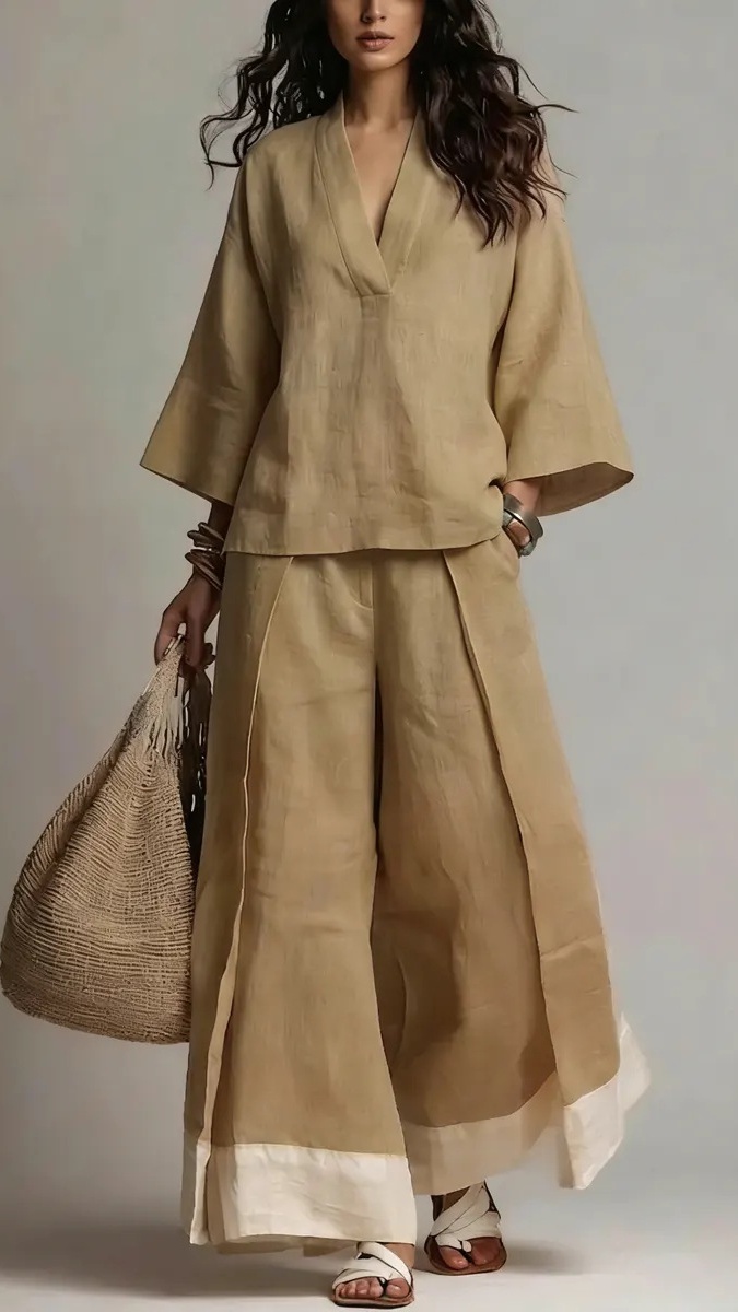 Women's Cotton-Linen French-Style V-Neck 3/4-Sleeve Shirt & Contrast Wide-Leg Pants Set - Nordfashionstorm - Women's Clothing, Fashion for You - Nordfashionstorm.com