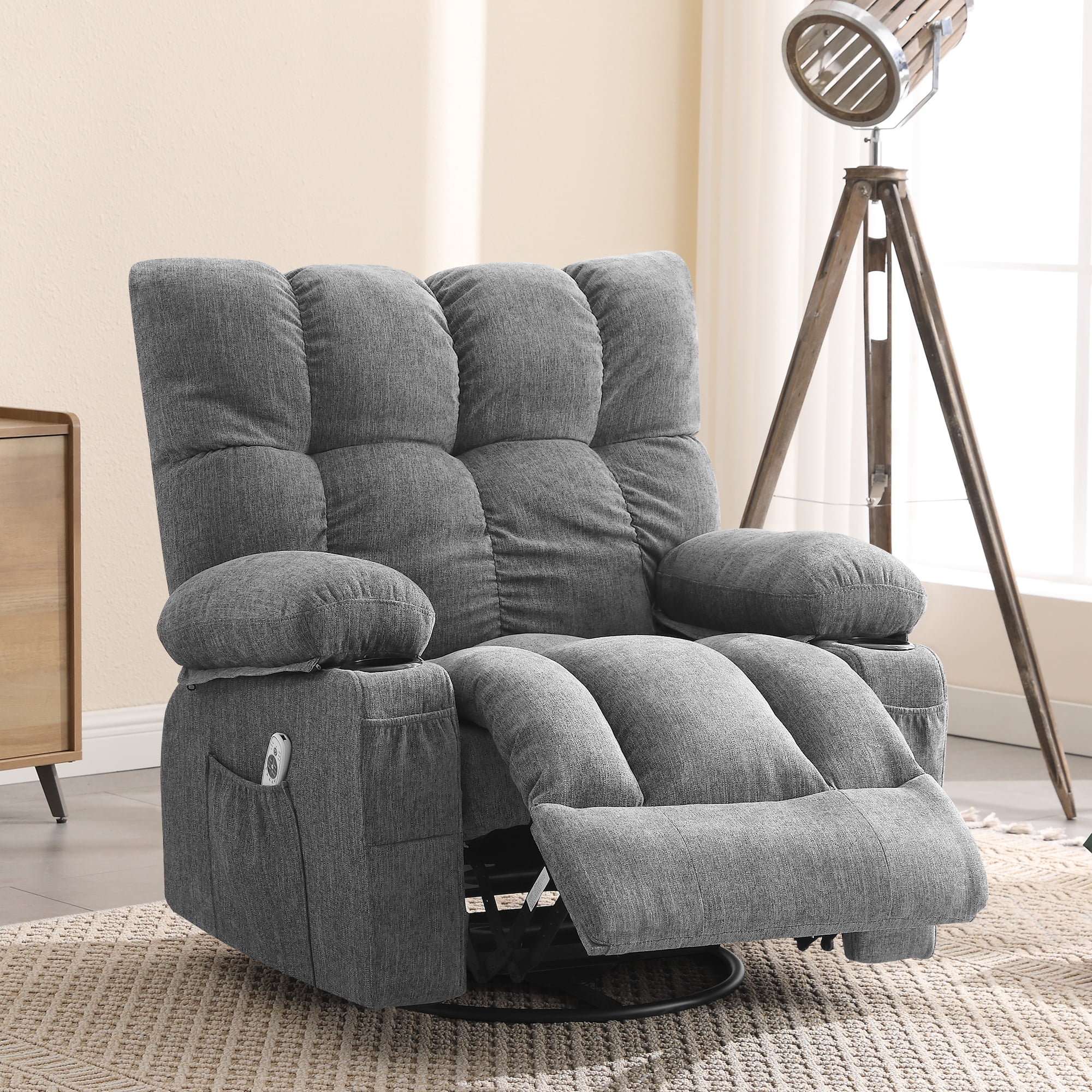 JONPONY Manual Recliner Chair with Heat Therapy and Massage Function, Heavy Duty Reclining Mechanism Massage Chair, Elderly Single Rocker Sofa with Cup Holders for Bedroom Home Theater, Grey