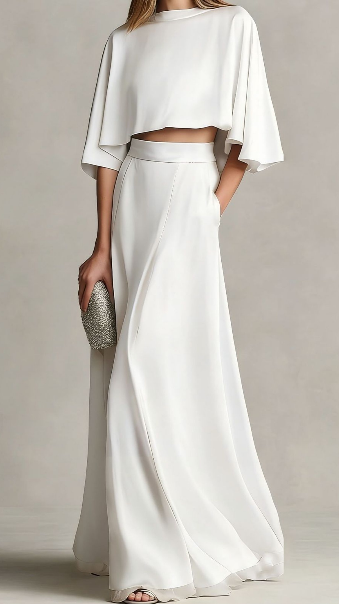 Women's Two-Piece Satin Maxi Dress Set with Shawl Sleeves - Nordfashionstorm - Women's Clothing, Fashion for You - Nordfashionstorm.com
