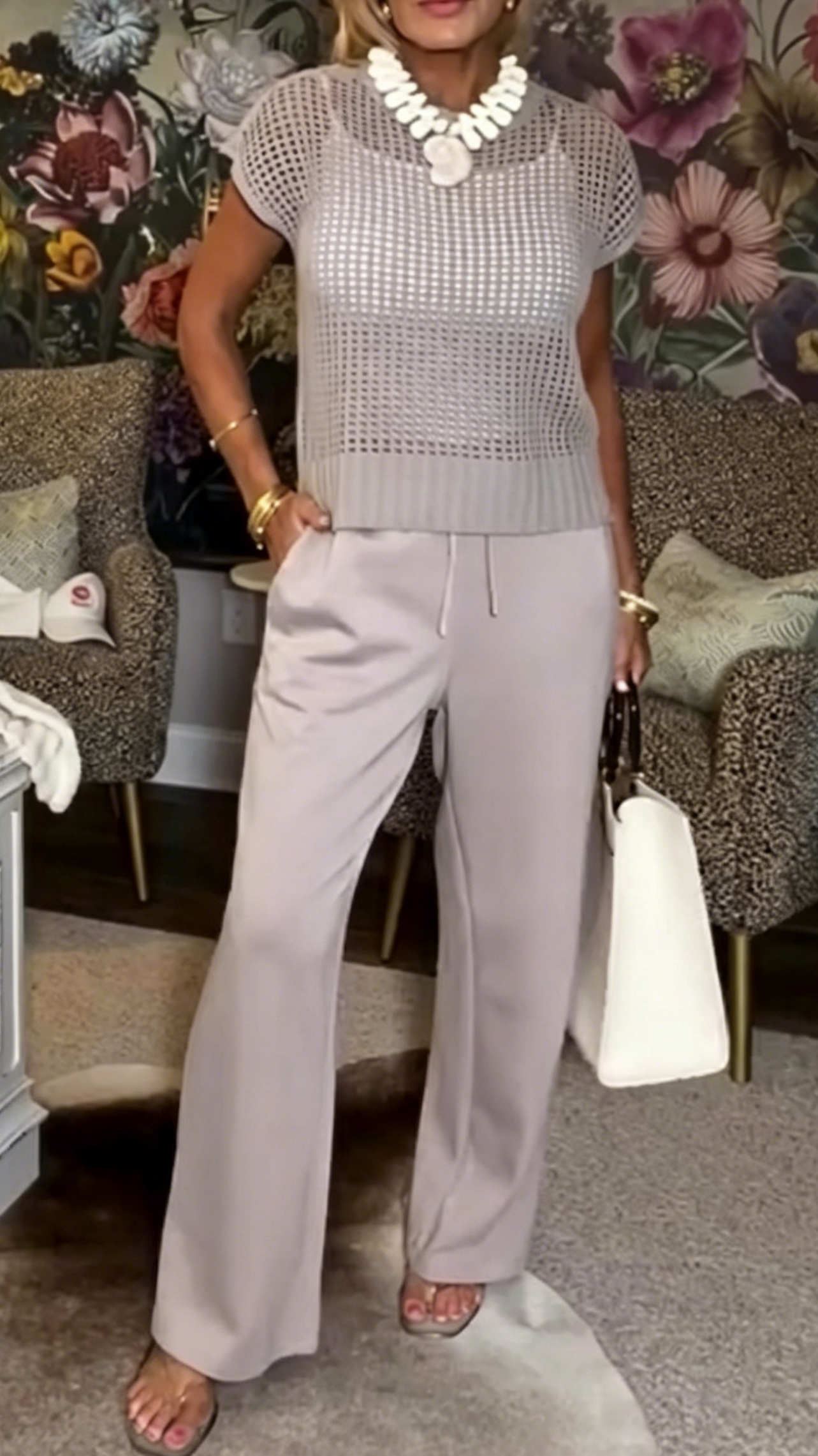 Women's casual suit: short-sleeved, round-neck, cut-out sweater, drawstring, wide-leg trousers - Nordfashionstorm - Women's Clothing, Fashion for You - Nordfashionstorm.com
