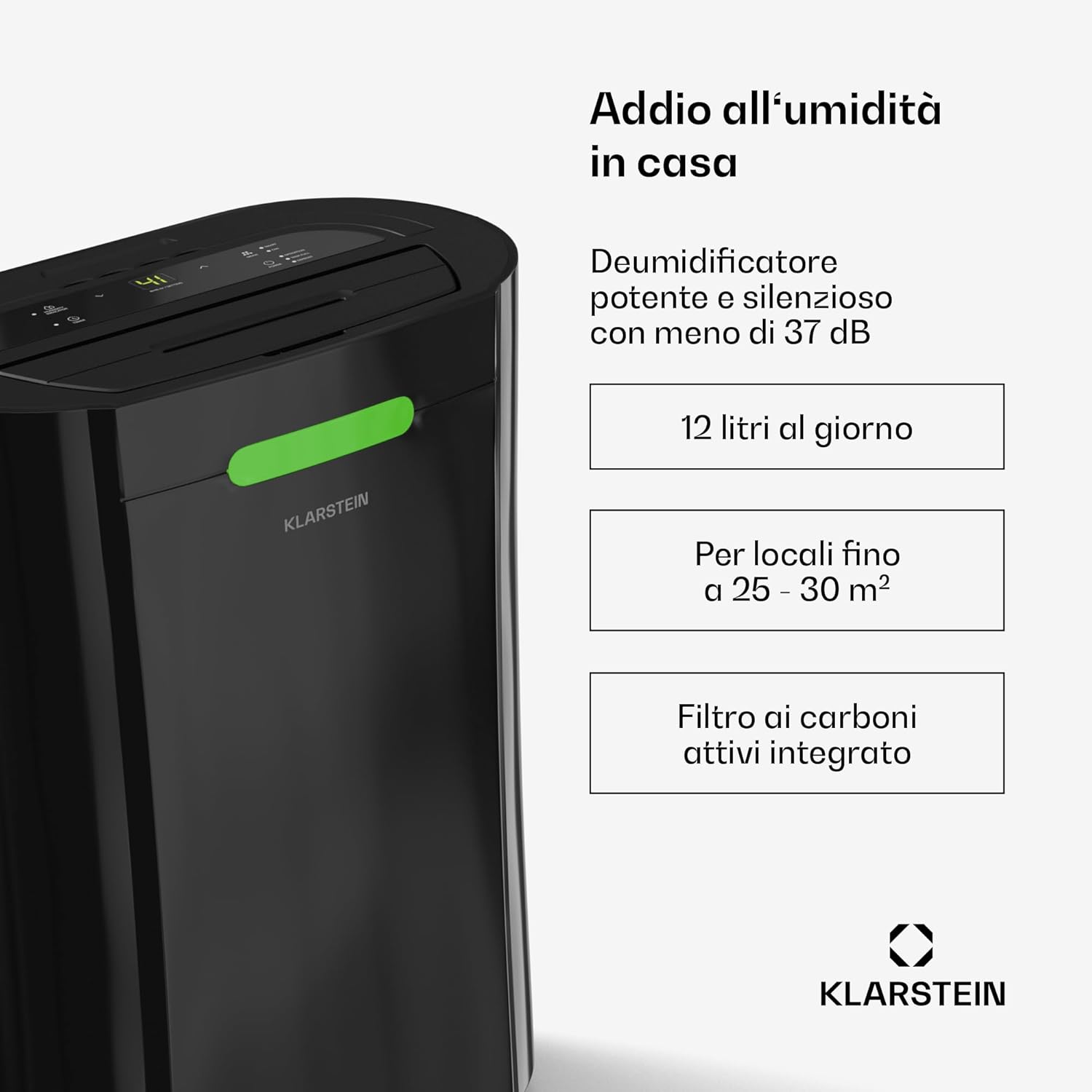 Klarstein AeroDry Smart 12l - Deumidificatore,12L/g, Serbatoio da 2,5L, WiFi, App & Alexa Control, Silenzioso: 39dB, Display LED, Filtro a Carboni, Timer, per Casa, Bagno, Camera da Letto, Nero