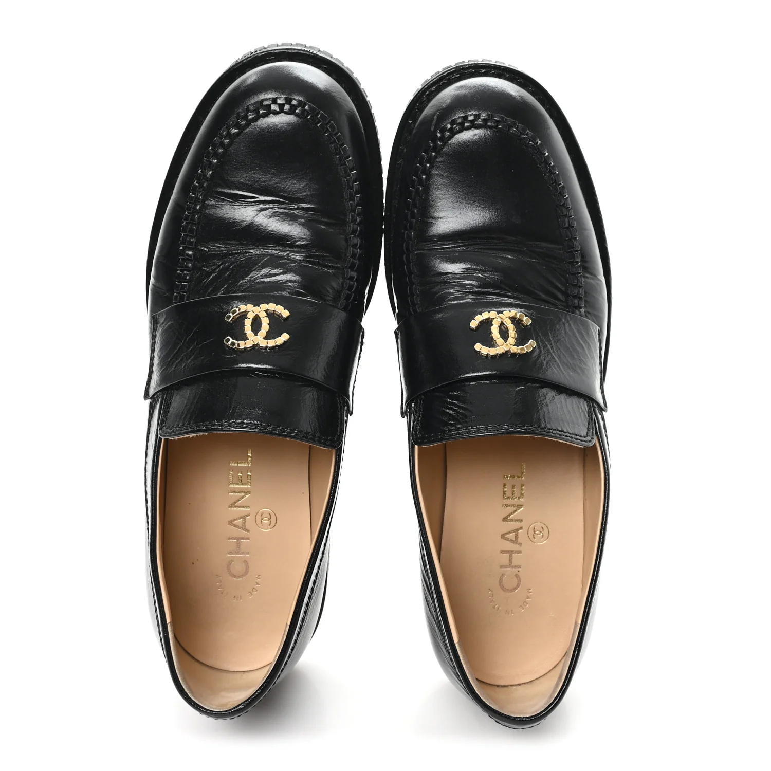 Shiny Crumpled Calfskin CC Mocassin Loafers 38.5 Black