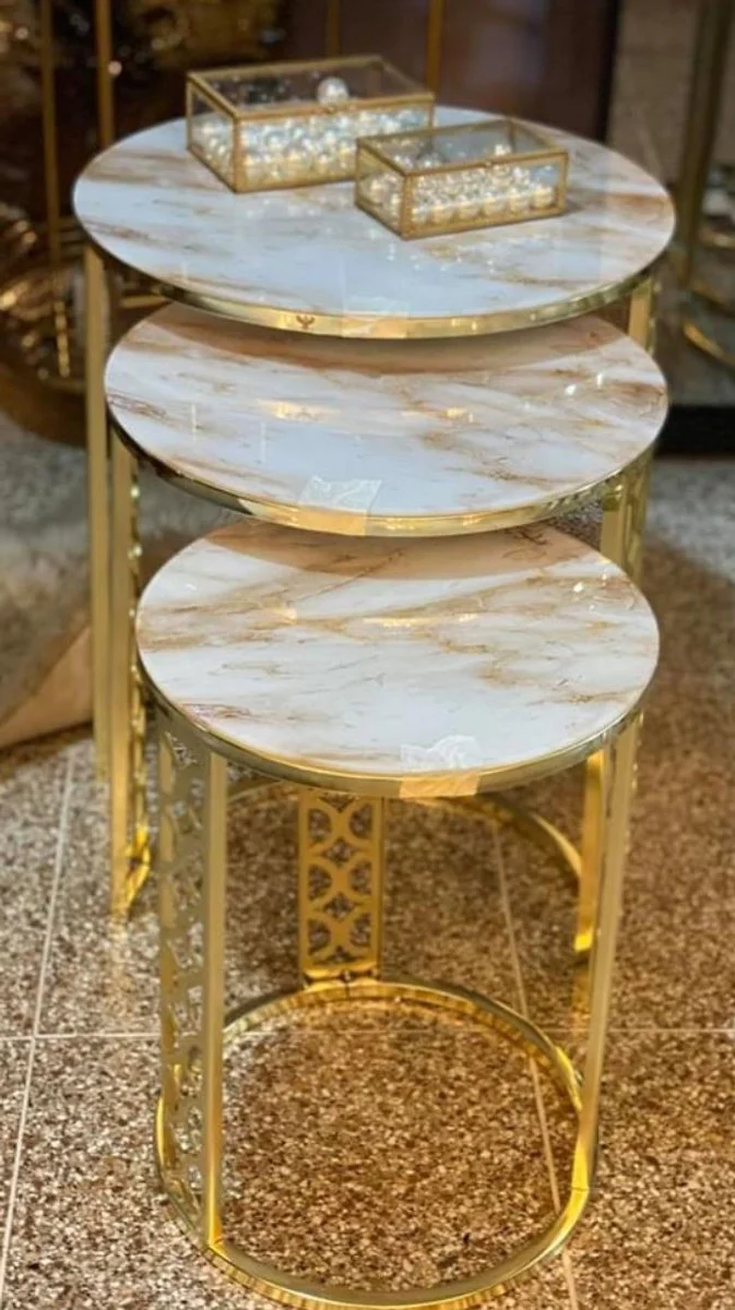 Luxury side table set gold / white-beige - 3 round metal tables with marble top - luxury living room furniture