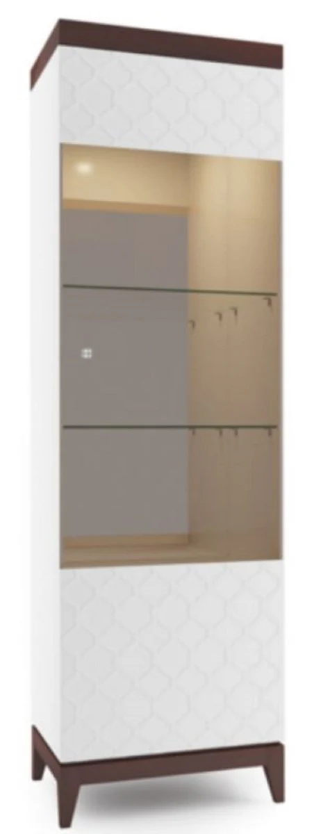 Luxury display cabinet white / high gloss brown 61 x 45 x H. 205 cm - Illuminated living room cabinet with 2 glass shelves - Living room furniture