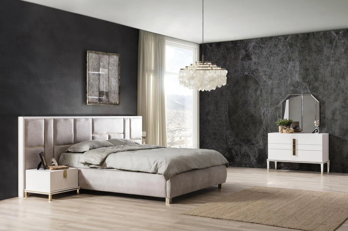 Luxury Solid Wood Bedroom Set Gray / White / Gold - 1 Double Bed with Headboard & 2 Bedside Tables - Luxury Bedroom Furniture