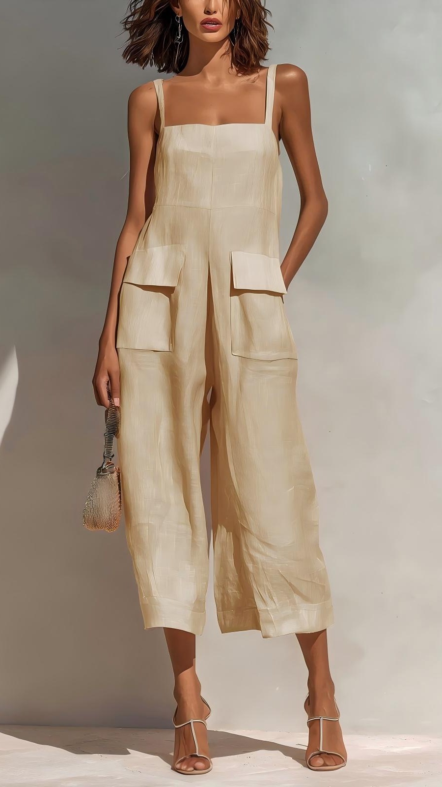 Women's Elegant Sleeveless Cropped Jumpsuit — Loose Fit, Wide-Leg, Thin Straps, Patch Pockets - Nordfashionstorm - Women's Clothing, Fashion for You - Nordfashionstorm.com