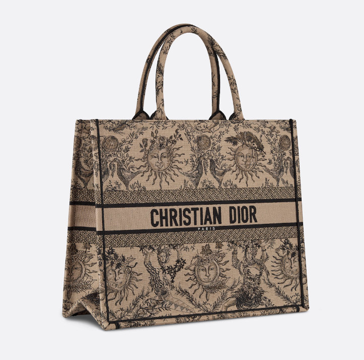 D Book Tote  Beige and Black Toile de Jouy Soleil Embroidery - Top Club