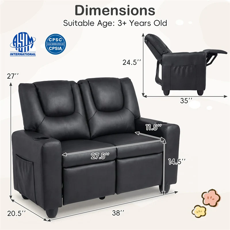 2-Seater Kids Recliner, PU Leather Reclining Loveseat with Cup Holders & 2 Side Storage Pockets, Adjustable Double Toddler Sofa for Boys Girls