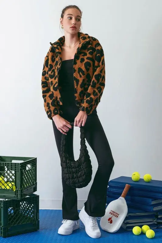Leopard Faux Sherpa Zip Up Jacket - ALJEGJ