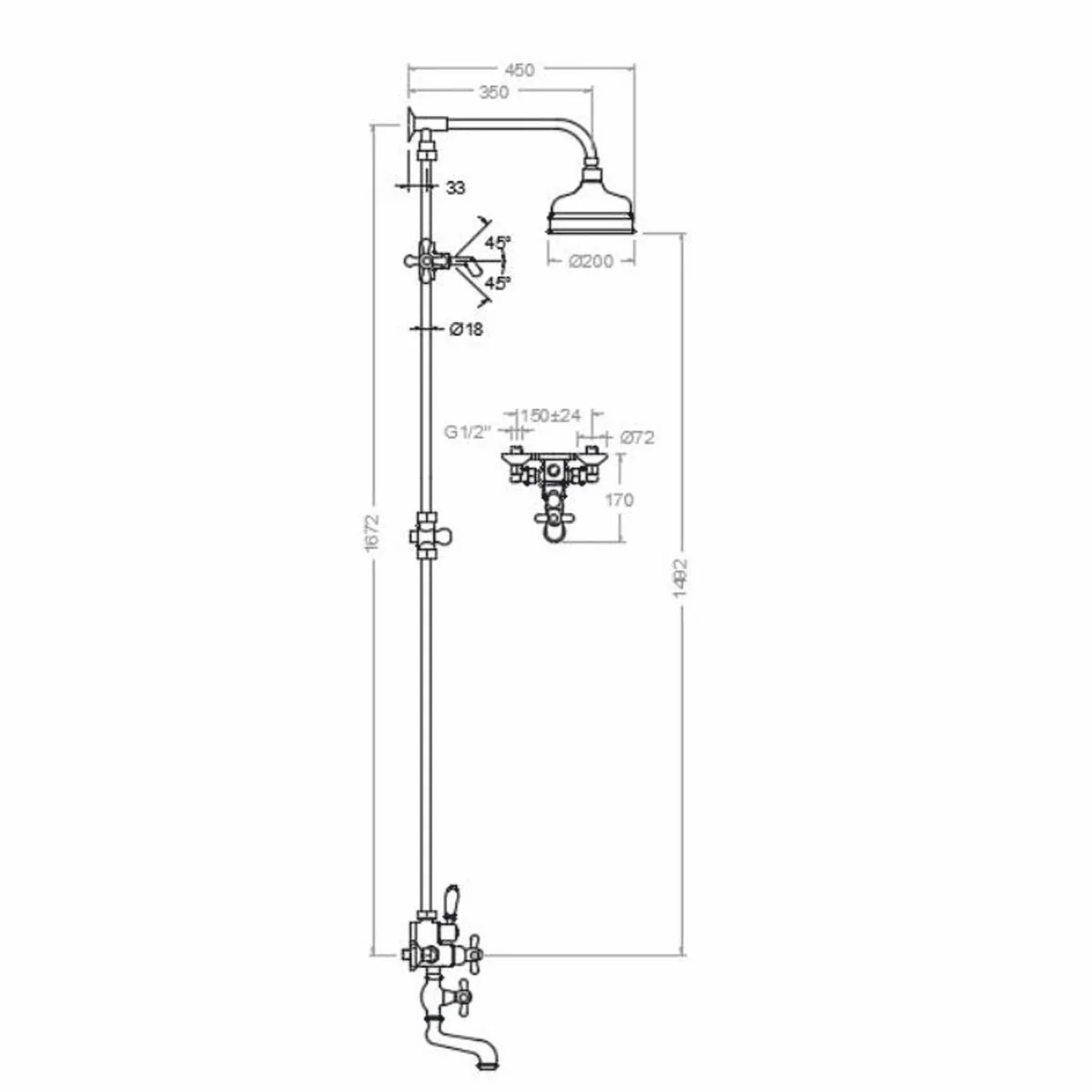 Art Nouveau bathtub mixer with overhead shower and hand shower H. 167.2 cm