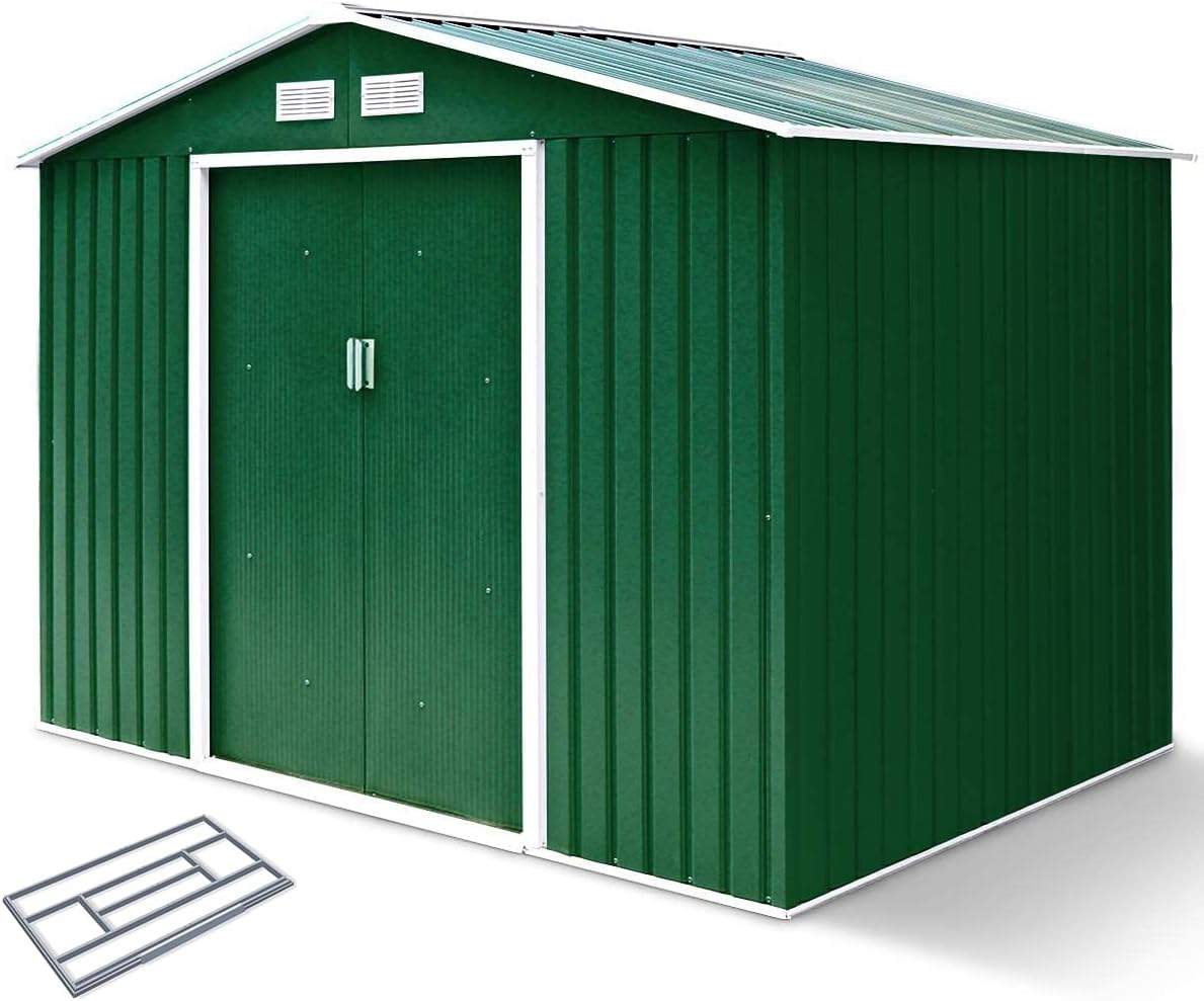RELAX4LIFE Casetta da Giardino per Attrezzi, 213 x 127 x 185 cmin Lamiera d'Acciaio e e Lamiera Zincata con Doppie Porte Scorrevoli, Tetto Inclinato, per Porta Attrezzi, Tosaerba, Verde