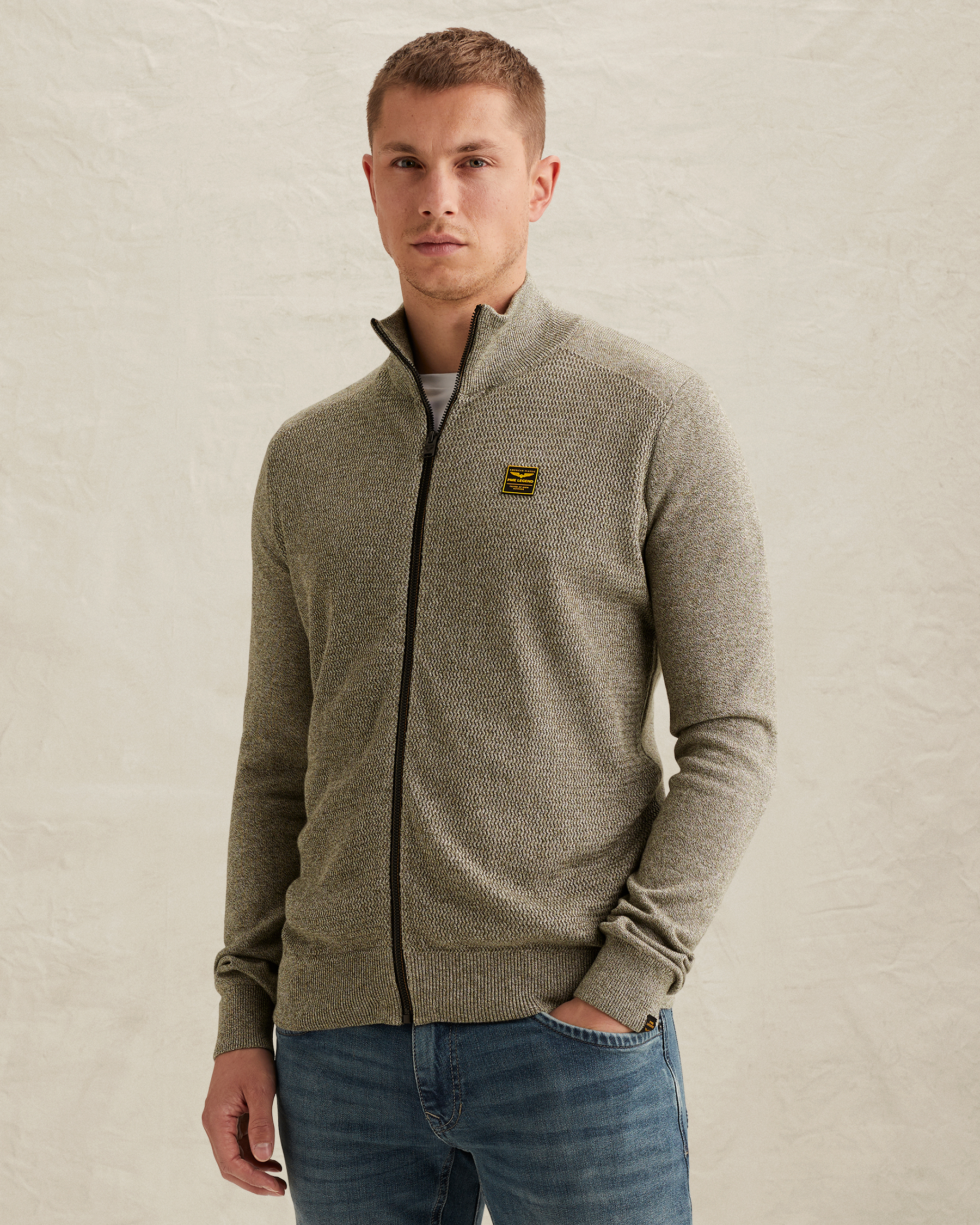 Cardigan with zipper closure and stand-up collarx