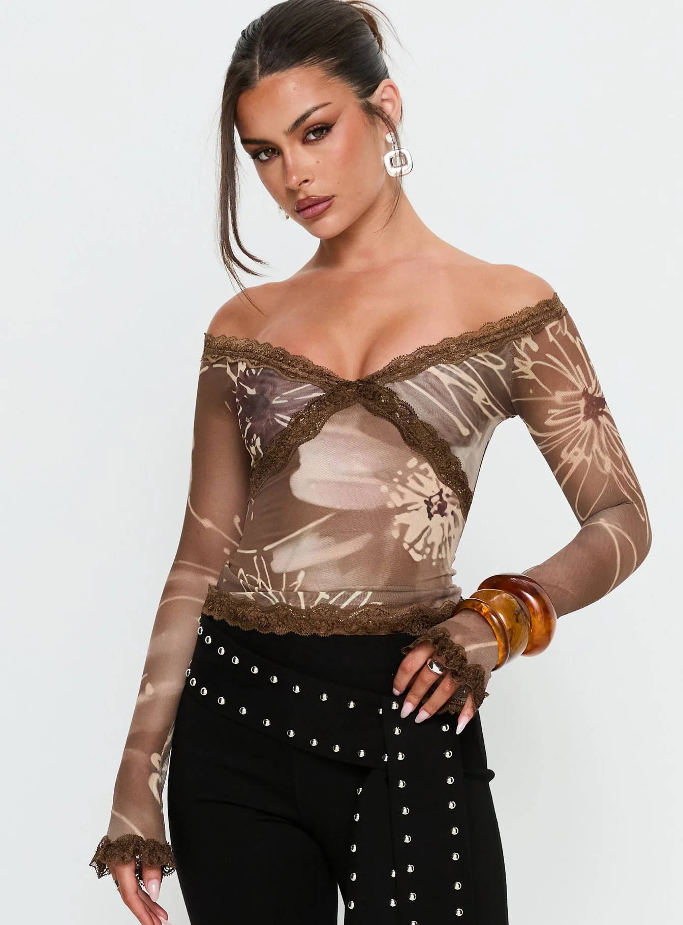 Katlyne Long Sleeve Lace Trim Top Brown Floral