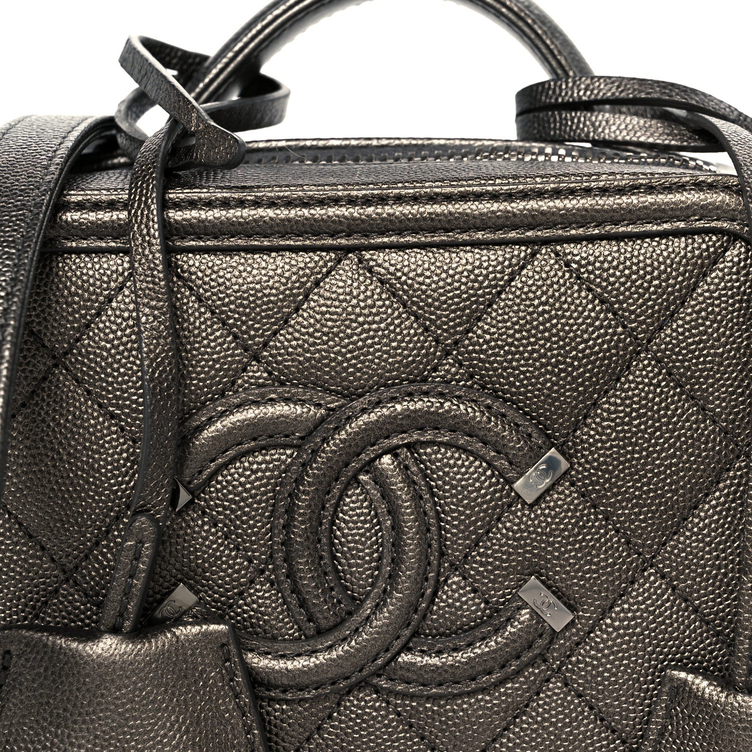 Metallic Caviar Quilted Small CC Filigree Vanity Case Dark Silver - Top Club