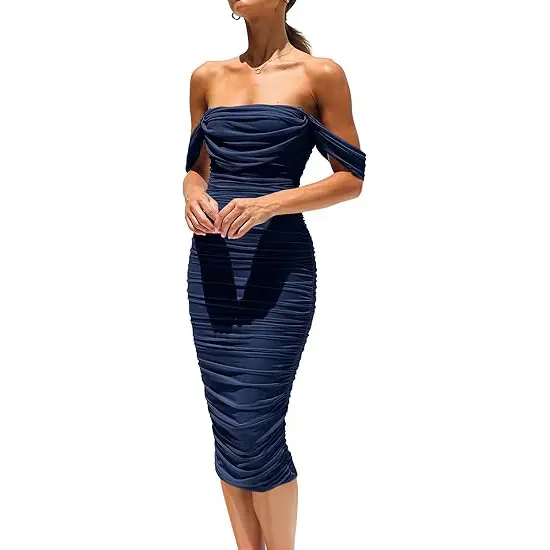 PrettyGarden Women's Summer Midi Dress Off Shoulder Ruched Bodycon Dresses Sleeveless Fitted Party Club Cocktail Womenswear