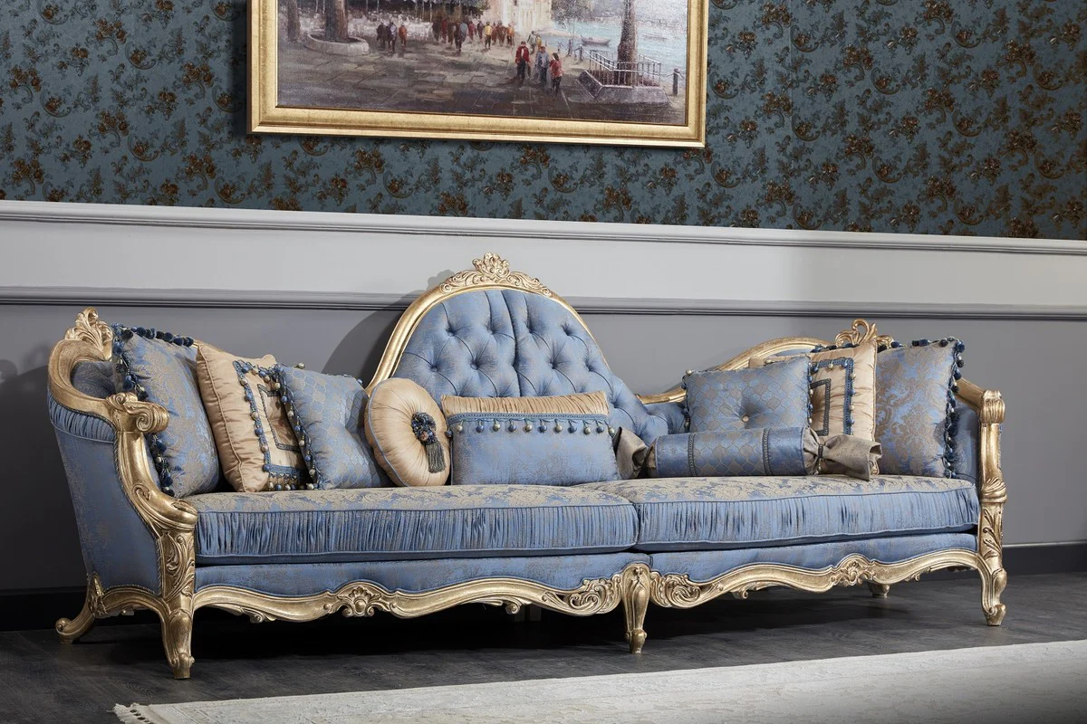 Luxury Baroque Living Room Set Light Blue / White / Antique Gold - 2 Sofas & 2 Armchairs & 1 Coffee Table & 2 Side Tables - Baroque Living Room Furniture - Noble & Magnificent