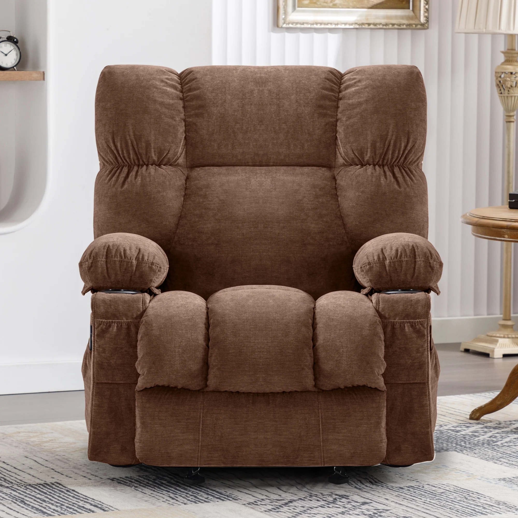 JONPONY Manual Recliner Chair with Heat Therapy and Massage Function, Heavy Duty Reclining Mechanism Massage Chair, Elderly Single Rocker Sofa with Cup Holders for Bedroom Home Theater, Grey