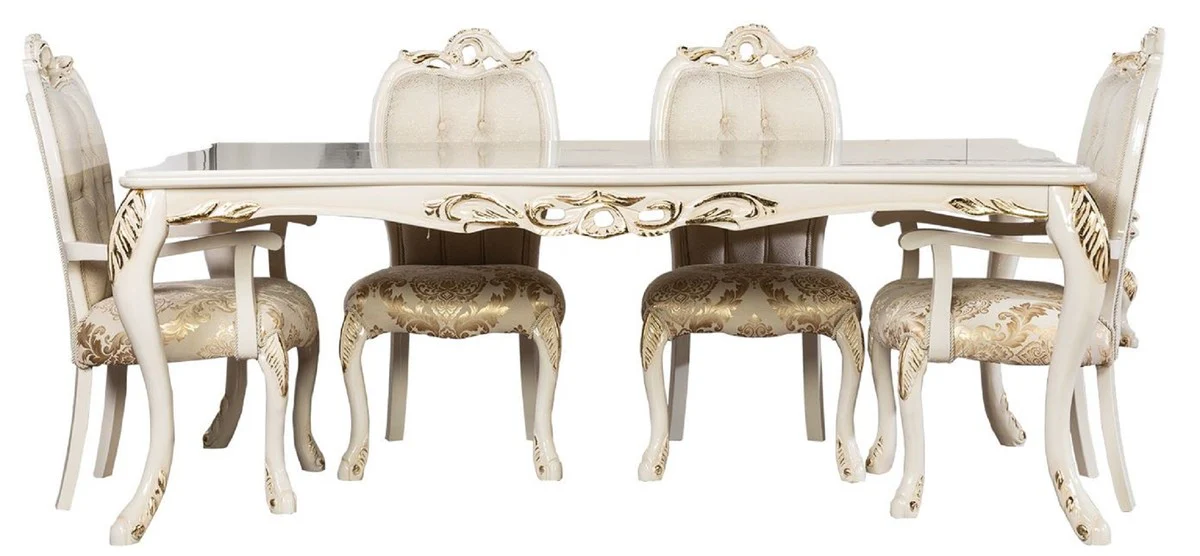 Luxury Baroque Dining Room Set White / Gold - 1 Baroque Dining Table & 6 Baroque Dining Chairs - Luxury Dining Room Furniture in Baroque Style - Magnificent Baroque Dining Room Furniture