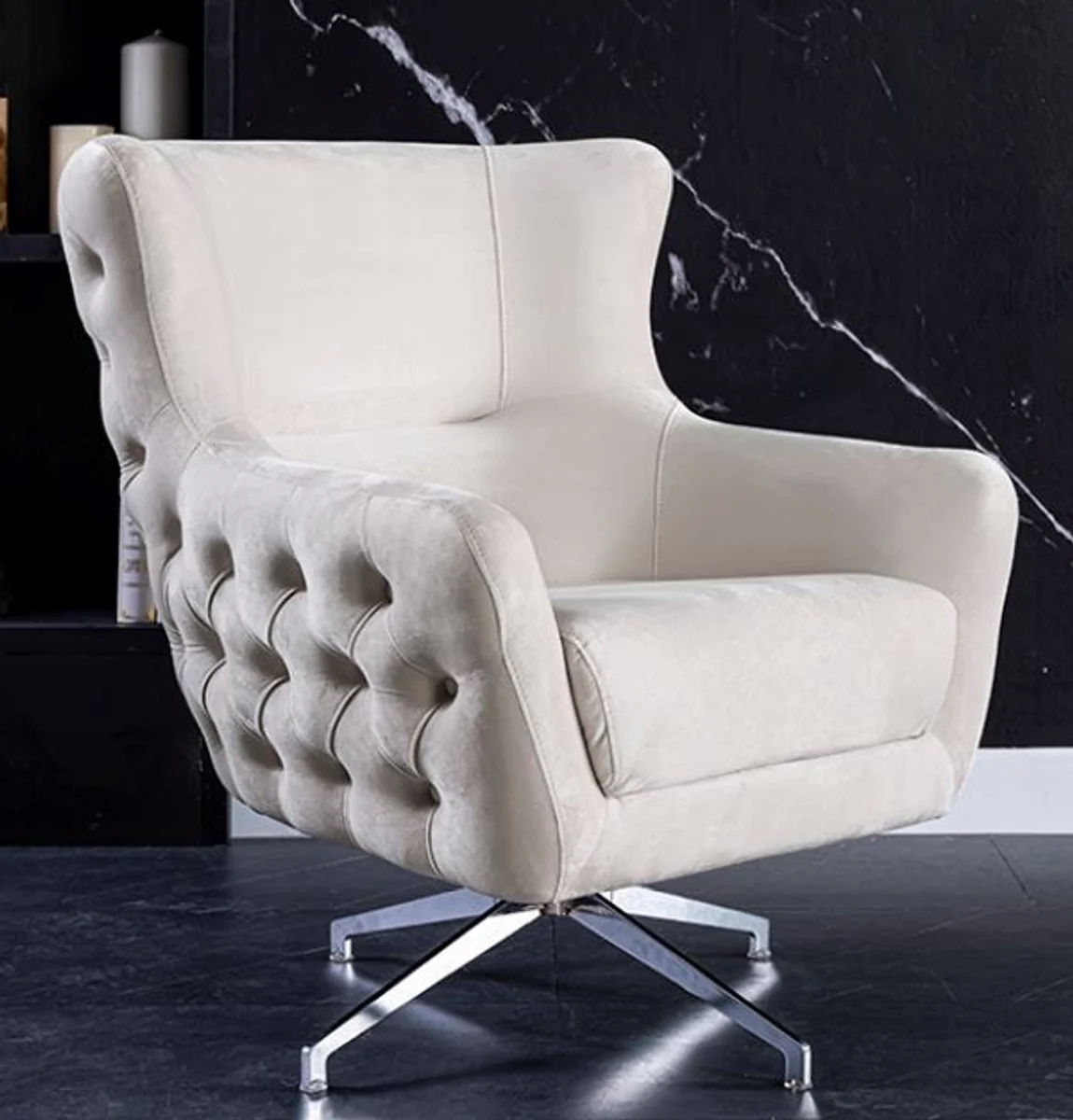 Luxury Art Deco Chesterfield swivel armchair cream / silver 90 x 90 x H. 100 cm - living room armchair - living room furniture
