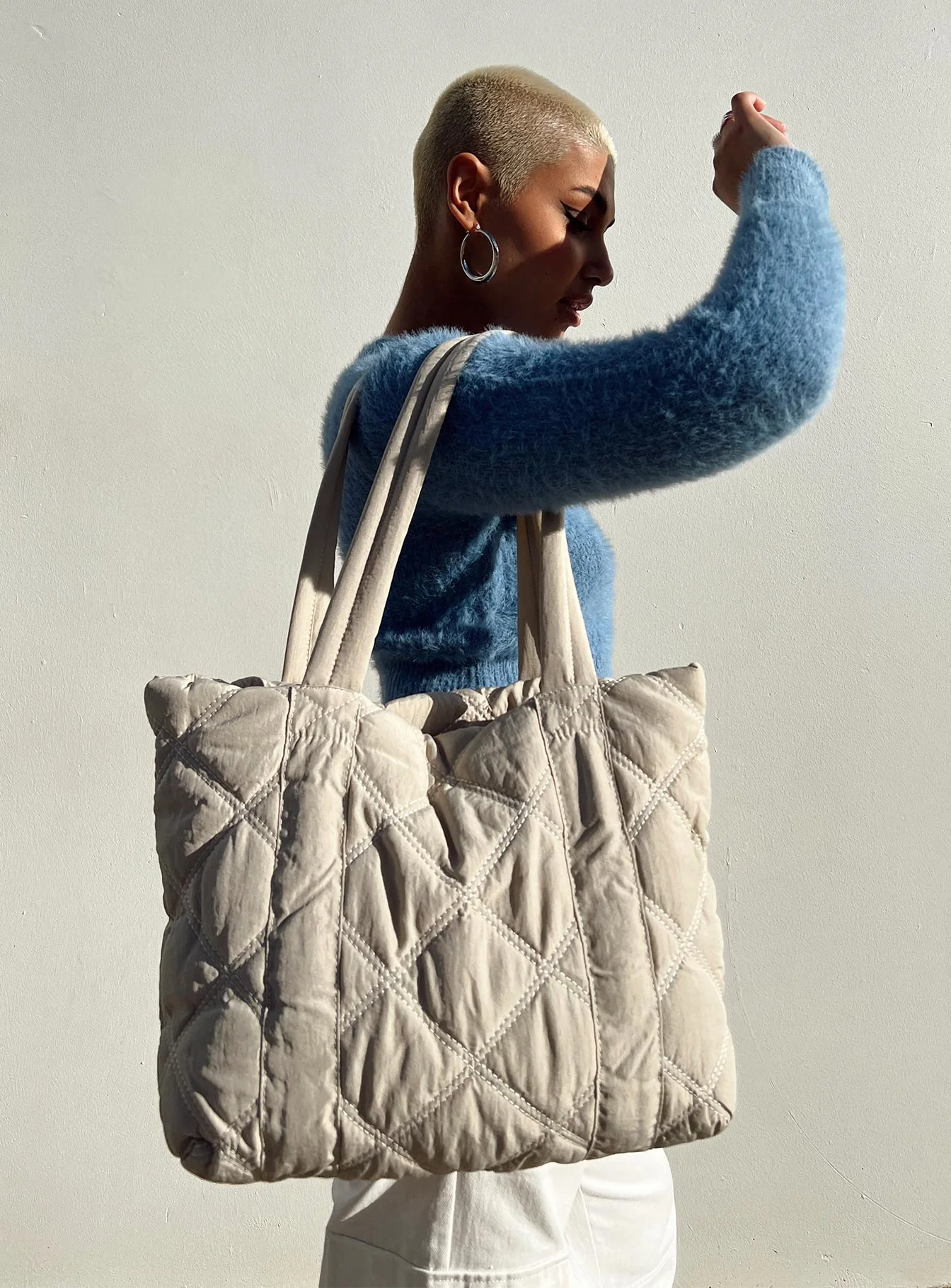 Jovie Nylon Quilted Tote Beige