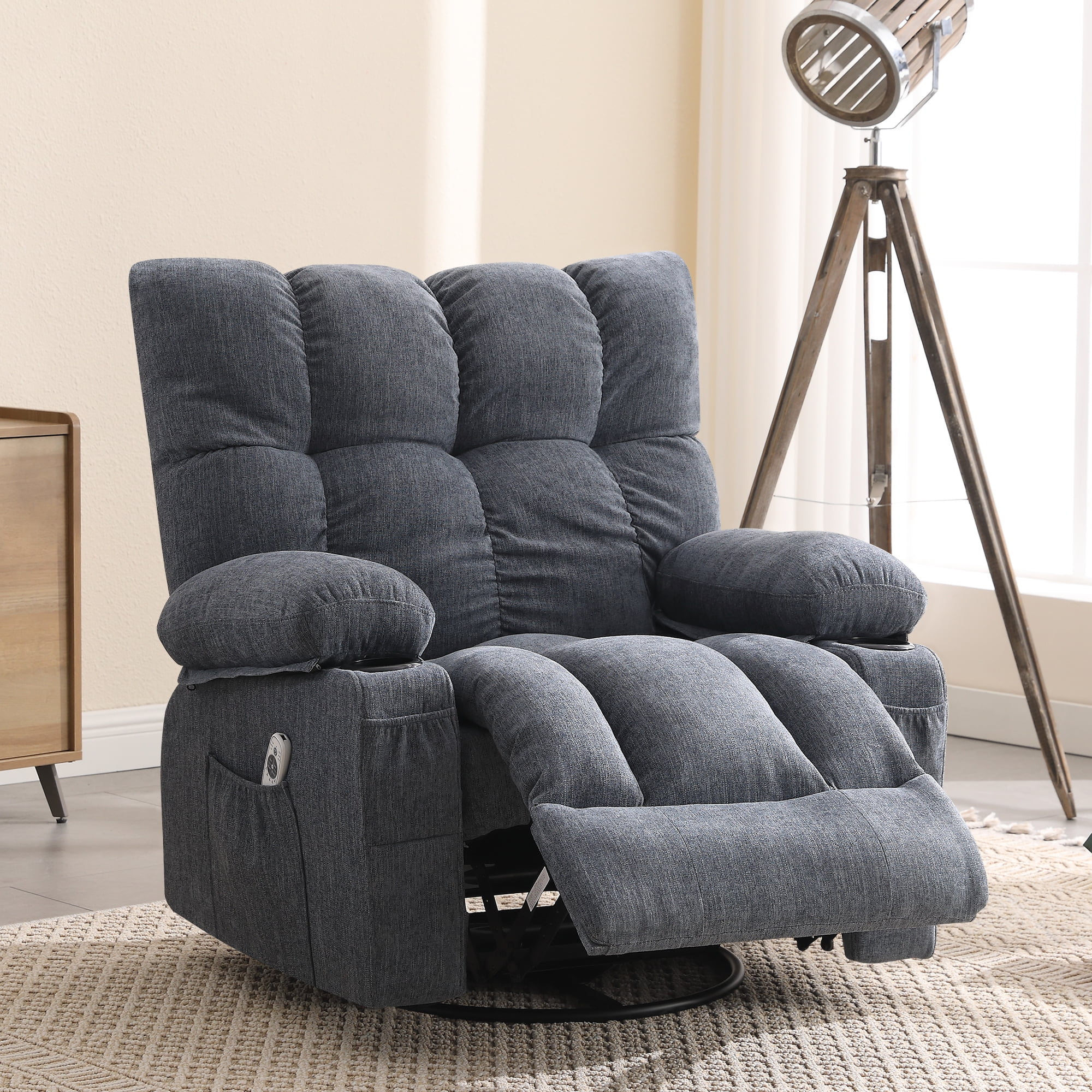 JONPONY Manual Recliner Chair with Heat Therapy and Massage Function, Heavy Duty Reclining Mechanism Massage Chair, Elderly Single Rocker Sofa with Cup Holders for Bedroom Home Theater, Grey