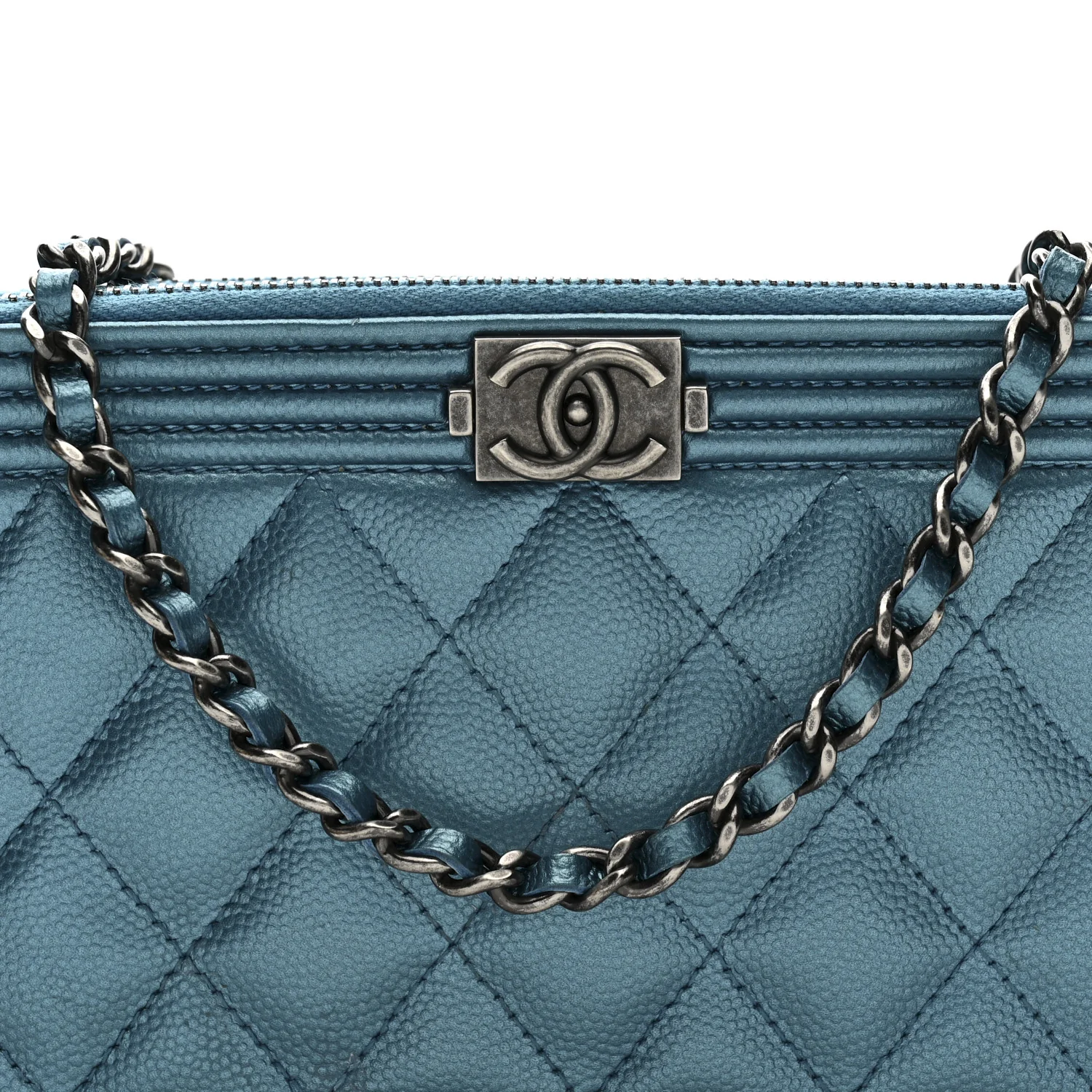 Metallic Caviar Quilted Small Boy Clutch With Chain Turquoise - Top Club