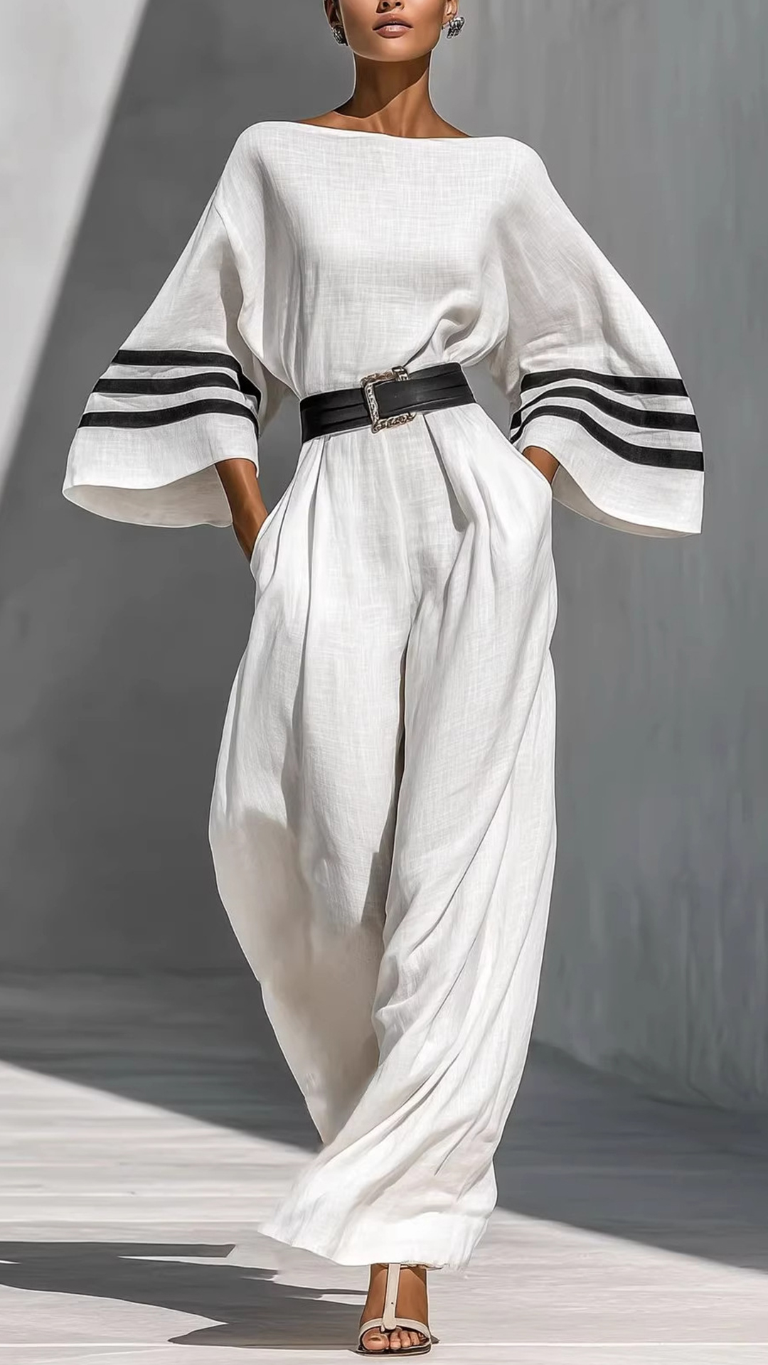 Women's Cotton-blend Striped Waist-cinching Wide-leg Jumpsuit - Nordfashionstorm - Women's Clothing, Fashion for You - Nordfashionstorm.com
