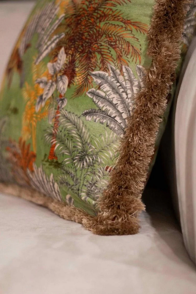 Luxury decorative cushion jungle design green / multicolored / brown 45 x 45 cm - printed velvet cushion with fringes - decorative accessories