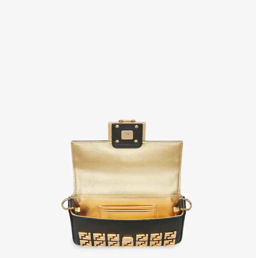 Brooch mini baguette �C Fendace Black leather bag with gold FF motif - Top Club
