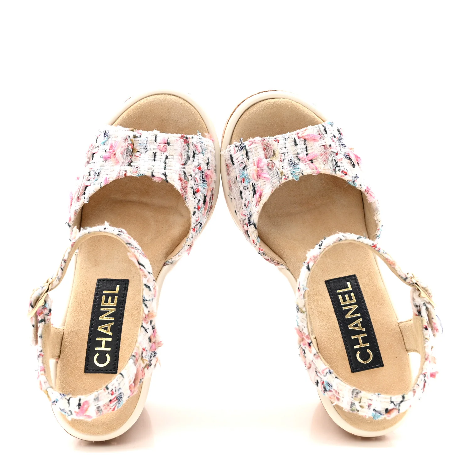 Tweed Cork CC Wedge Sandals 37 Ecru Pink Blue Green - Top Club