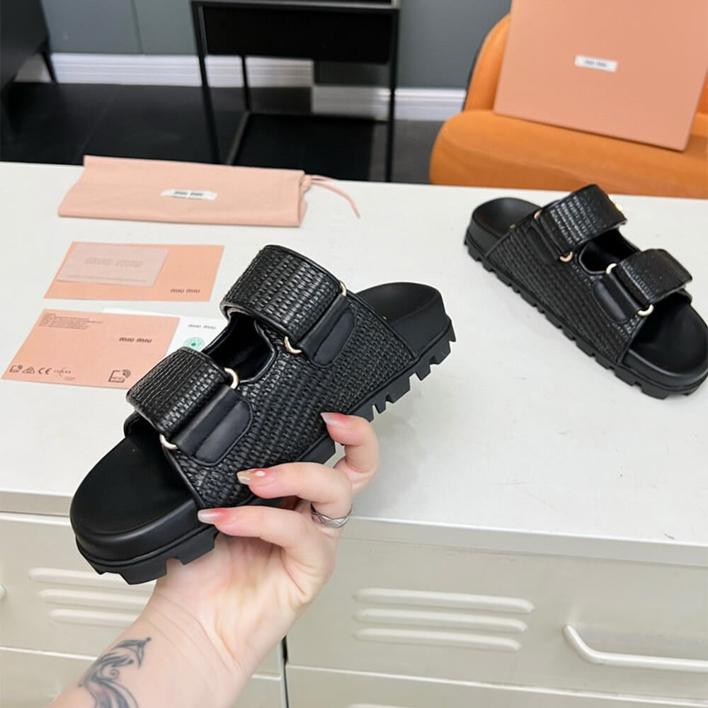 MiuMiu Raffia-effect woven fabric slides - Top Club