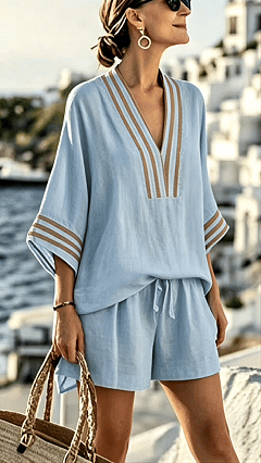Women's V-Neck Striped Loose-Fit Casual Two-Piece Set - Nordfashionstorm - Women's Clothing, Fashion for You - Nordfashionstorm.com