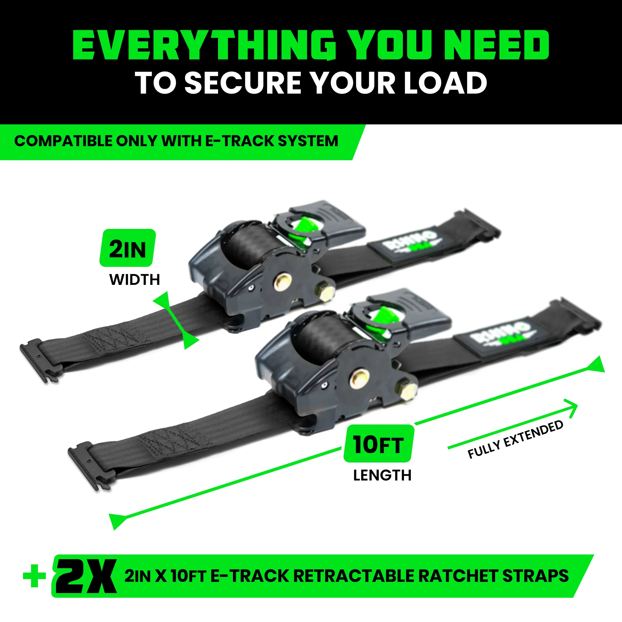 Rhino USA 2”x10’ Retractable E-Track Ratchet Straps: 3033lb Max Break Strength Compatible with E Track Rail Systems only