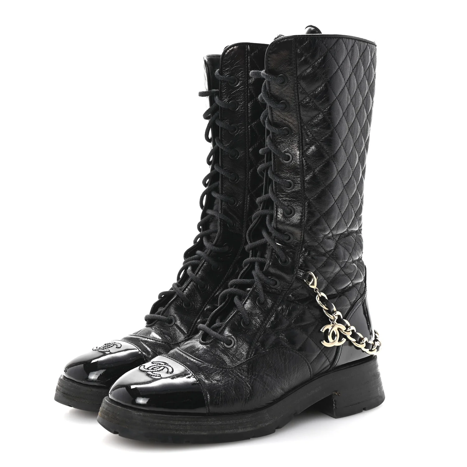Shiny Calfskin Patent Quilted Chain Lace Up Combat Long Boots 38.5 Black - Top Club