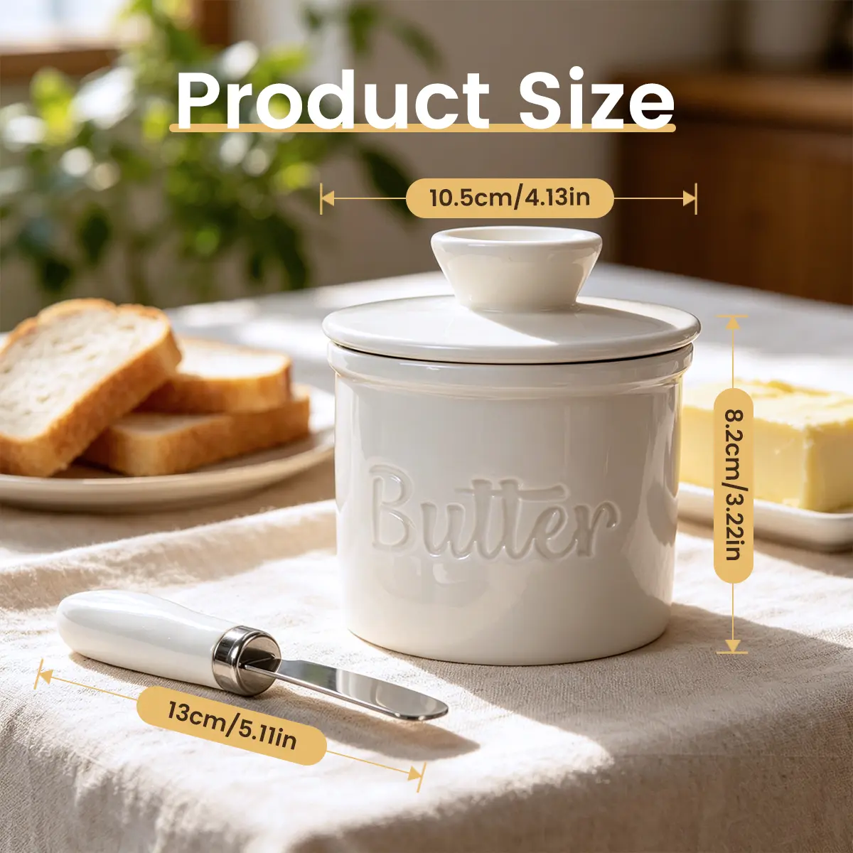 Ceramic Butter Crock with Butter Knife, French Butter Keeper Dish, No Refrigeration Required, Fresh Soft Spreadable Butter Container for Kitchen Countertop, White Butter Storage Jar