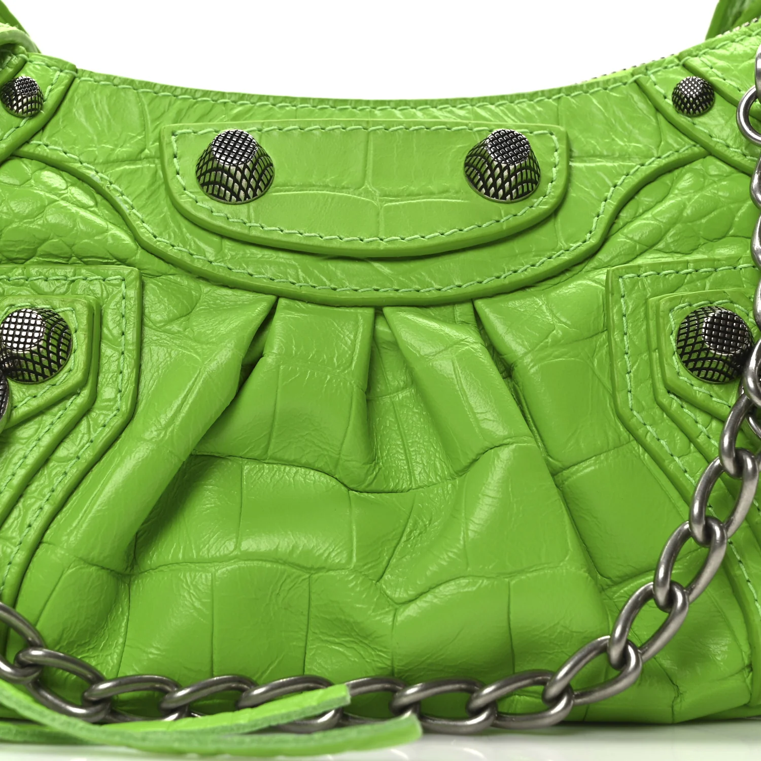 Extra Supple Calfskin Crocodile Embossed Le Cagole Mini Purse With Chain Acid Green - Top Club