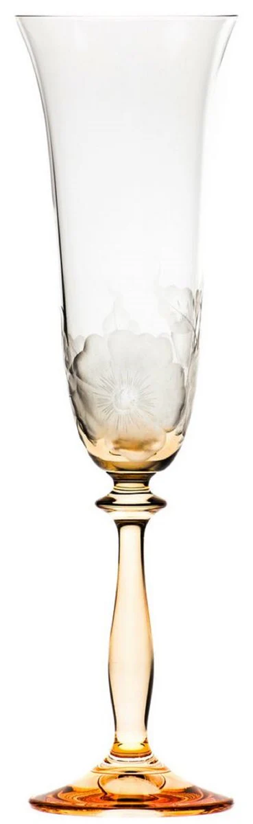 Luxury Baroque Champagne Glass Set of 6 Orange Ø 7 x H. 24.5 cm - Handmade and hand-engraved champagne glasses with flower design - Hotel & Restaurant Accessories