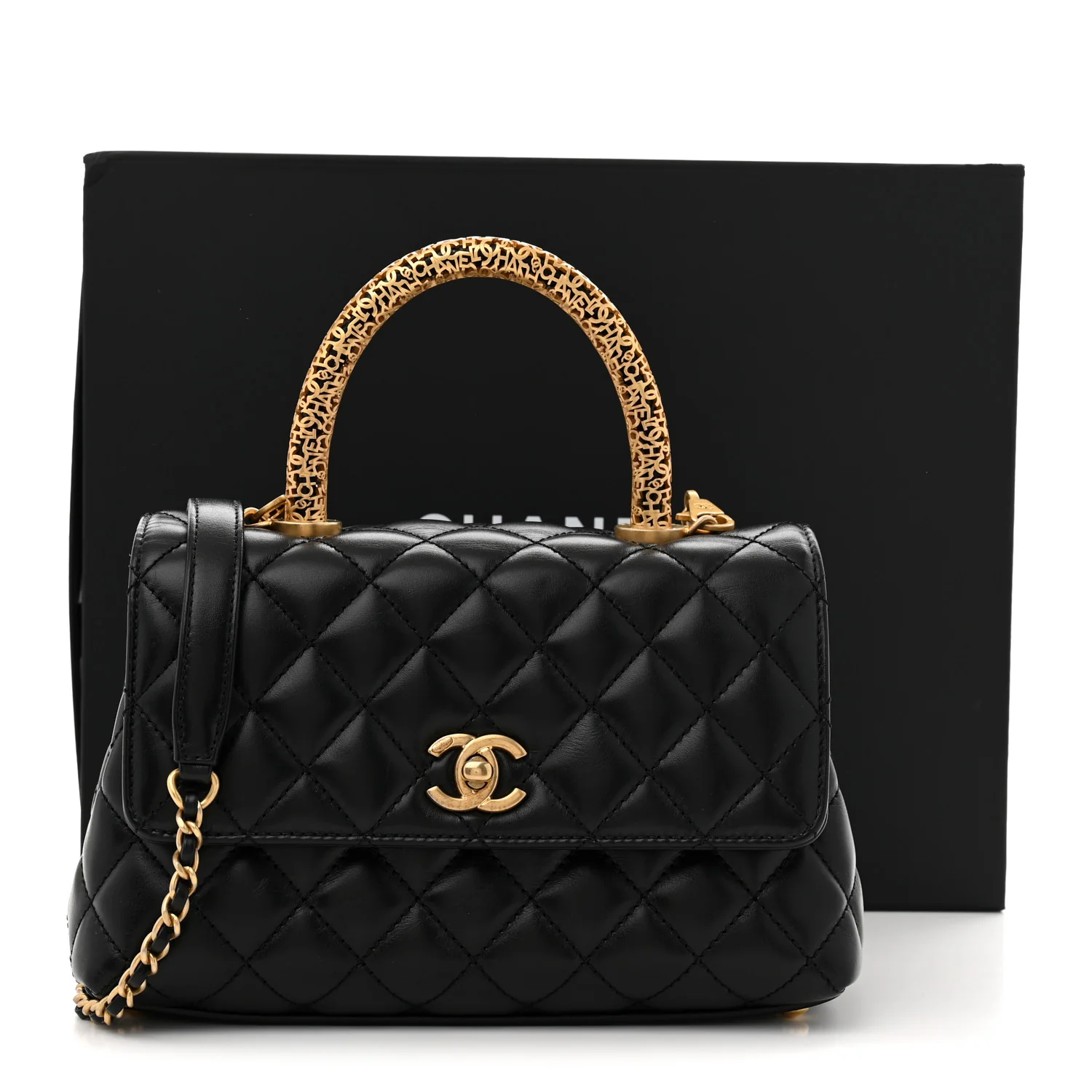 Calfskin Quilted Mini Logo Coco Handle Flap Black - Top Club