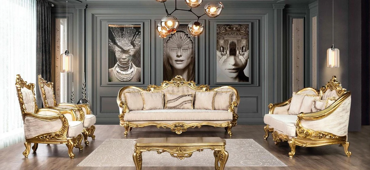 Luxury Baroque Living Room Set Cream / Gold - 2 Baroque Sofas & 2 Baroque Armchairs & 1 Baroque Coffee Table - Baroque Living Room Furniture