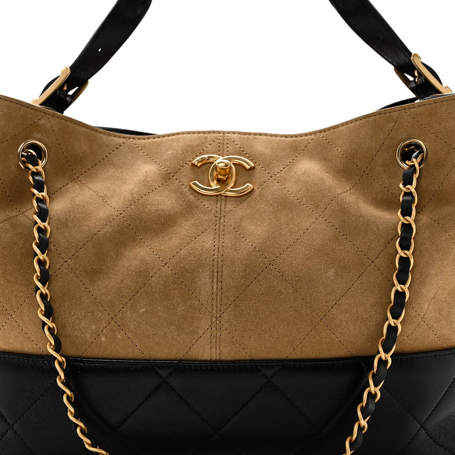 Suede Calfskin Shiny Lambskin Quilted Small Coco Base Shopping Bag Beige Black - Top Club