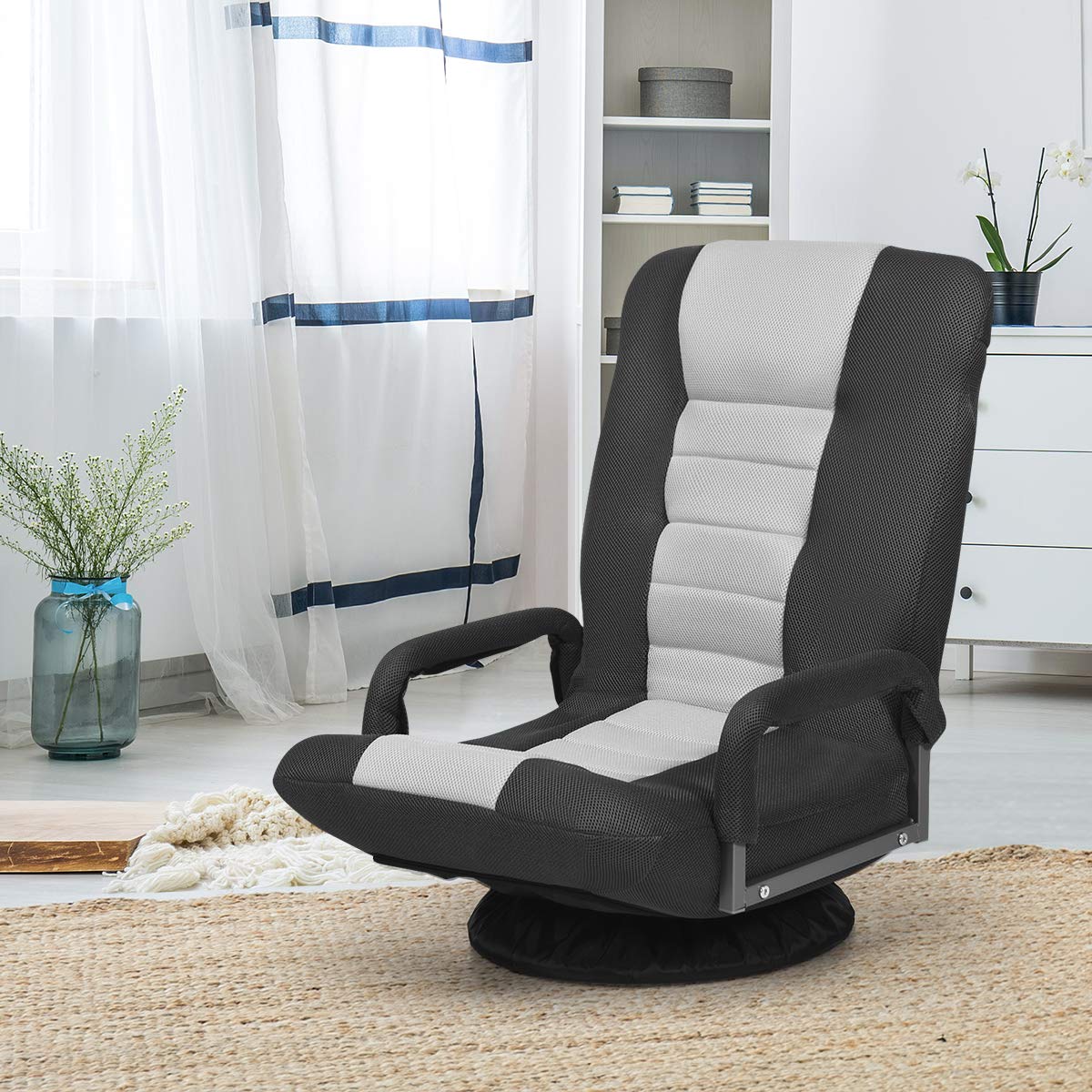 BEFOUNDLOVELY 360-Degree Foldable Swivel Gaming Floor Chair With 6 Adjustable Position, Armrests, Padded Backrest