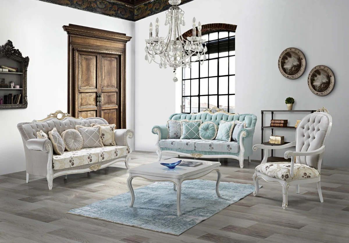 Baroque living room set light green / light gray / white / gold - 2 sofas & 2 armchairs & 1 coffee table - living room furniture in baroque style