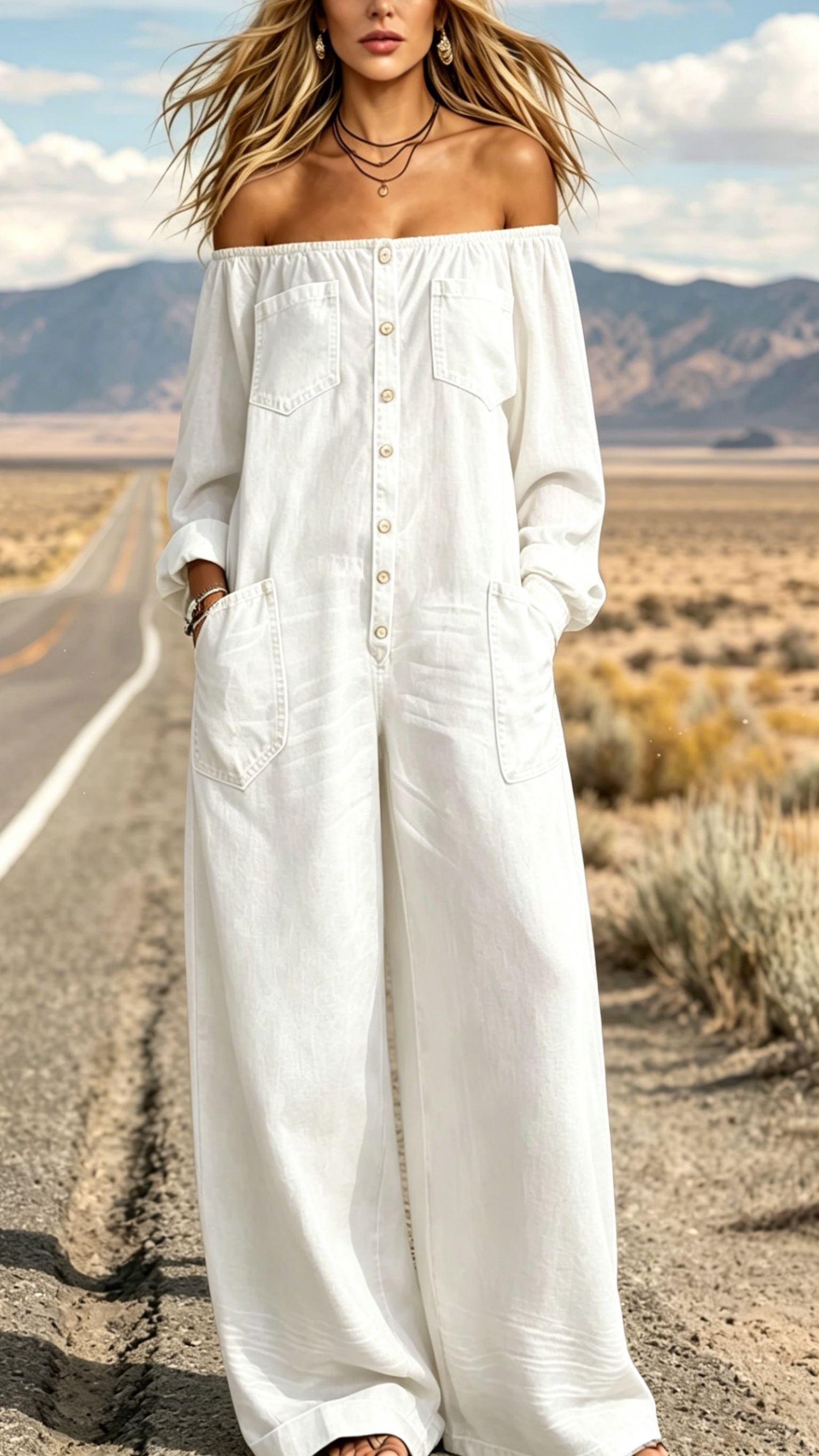 Women's Single-Breasted, Off-Shoulder, Washed Faux-Denim Jumpsuit - Nordfashionstorm - Women's Clothing, Fashion for You - Nordfashionstorm.com
