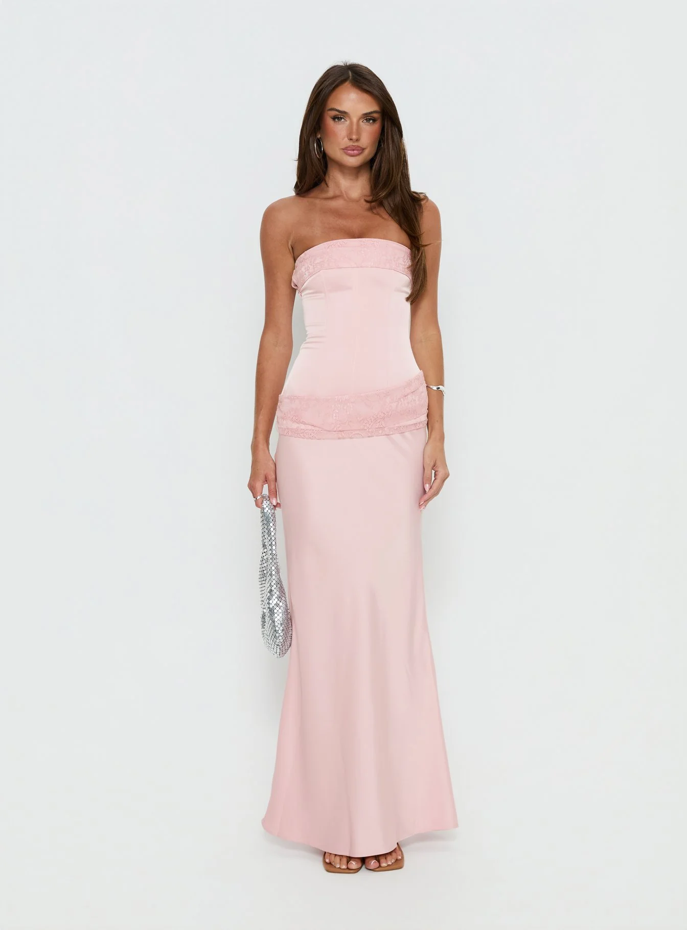 Sura Strapless Lace Detail Maxi Dress Pink